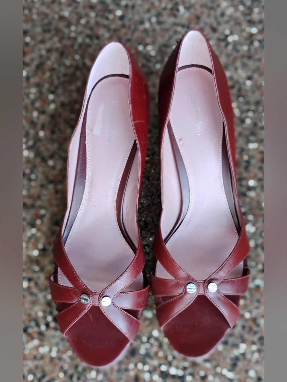 Calvin Klein Women's Wine Red Leather Peep-Toe Heels